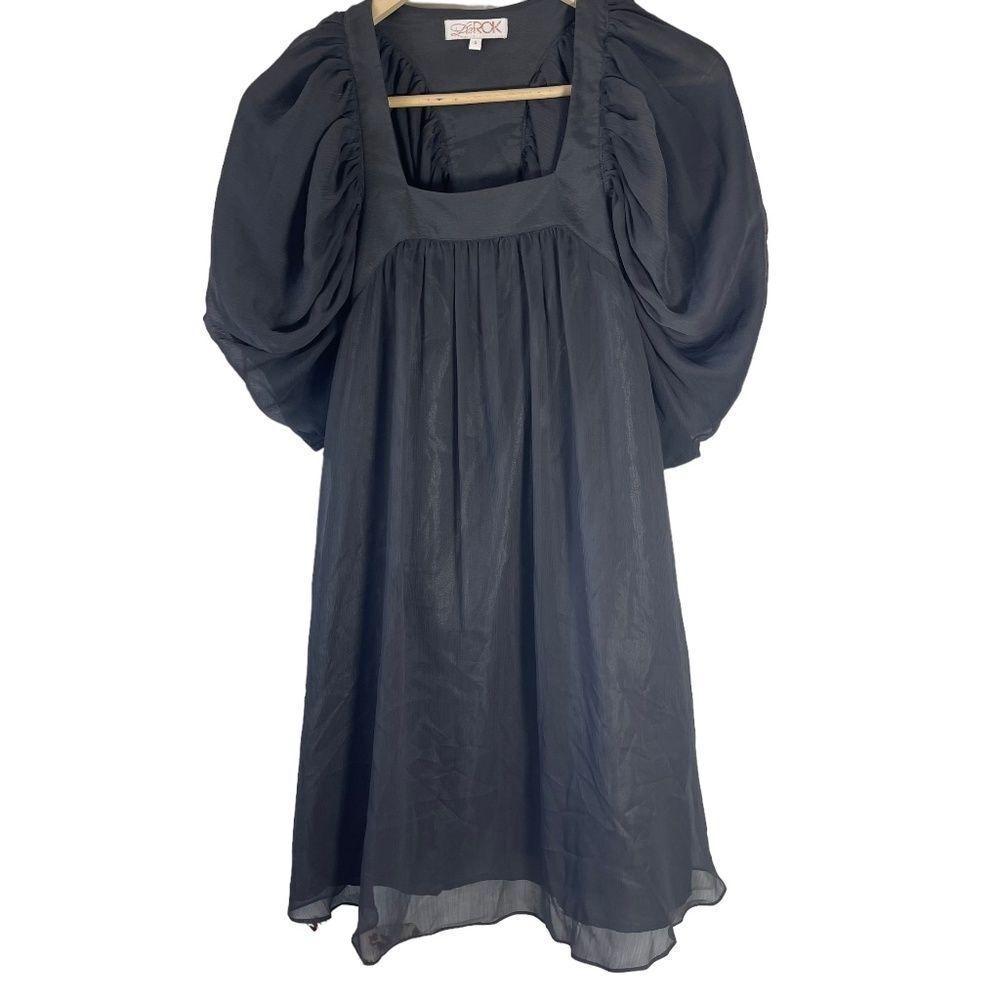 La Rok Grey Pouf Sleeve Embroidered‎ Dress  Sz S